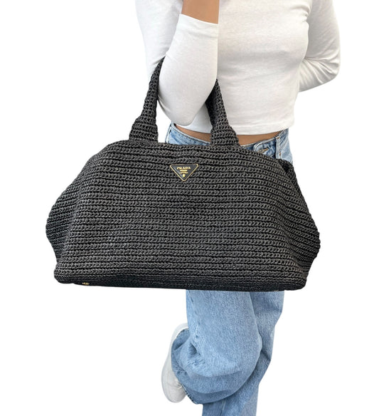 PRADA Vintage Triangle Logo Raffia Canapa Tote Bag Black Gold Crochet 901971