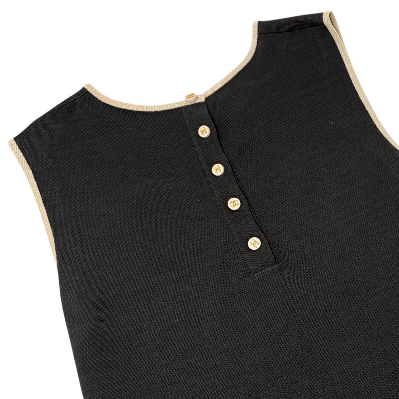 CHANEL Vintage 96C CC Mark Button Long One-piece Dress #40 Black Cream Cotton