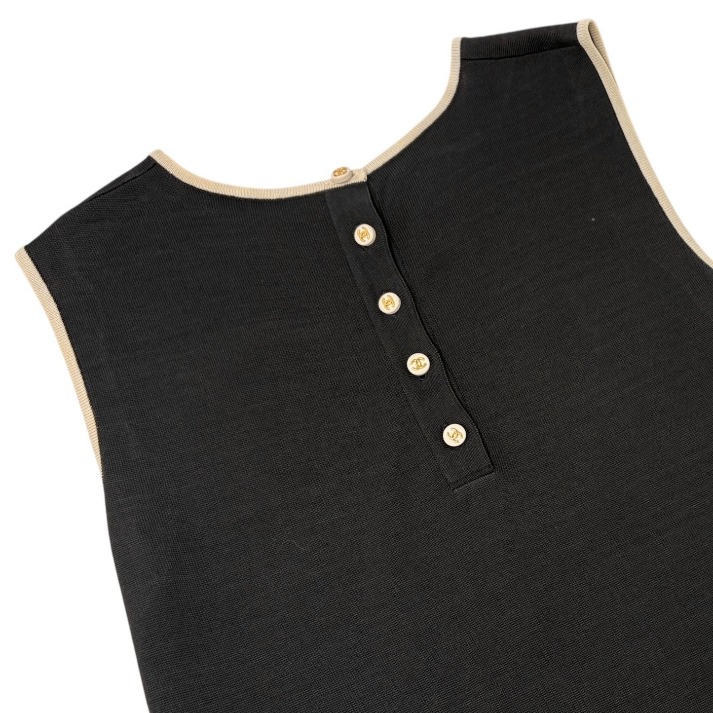 CHANEL Vintage 96C CC Mark Button Long One-piece Dress #40 Black Cream Cotton
