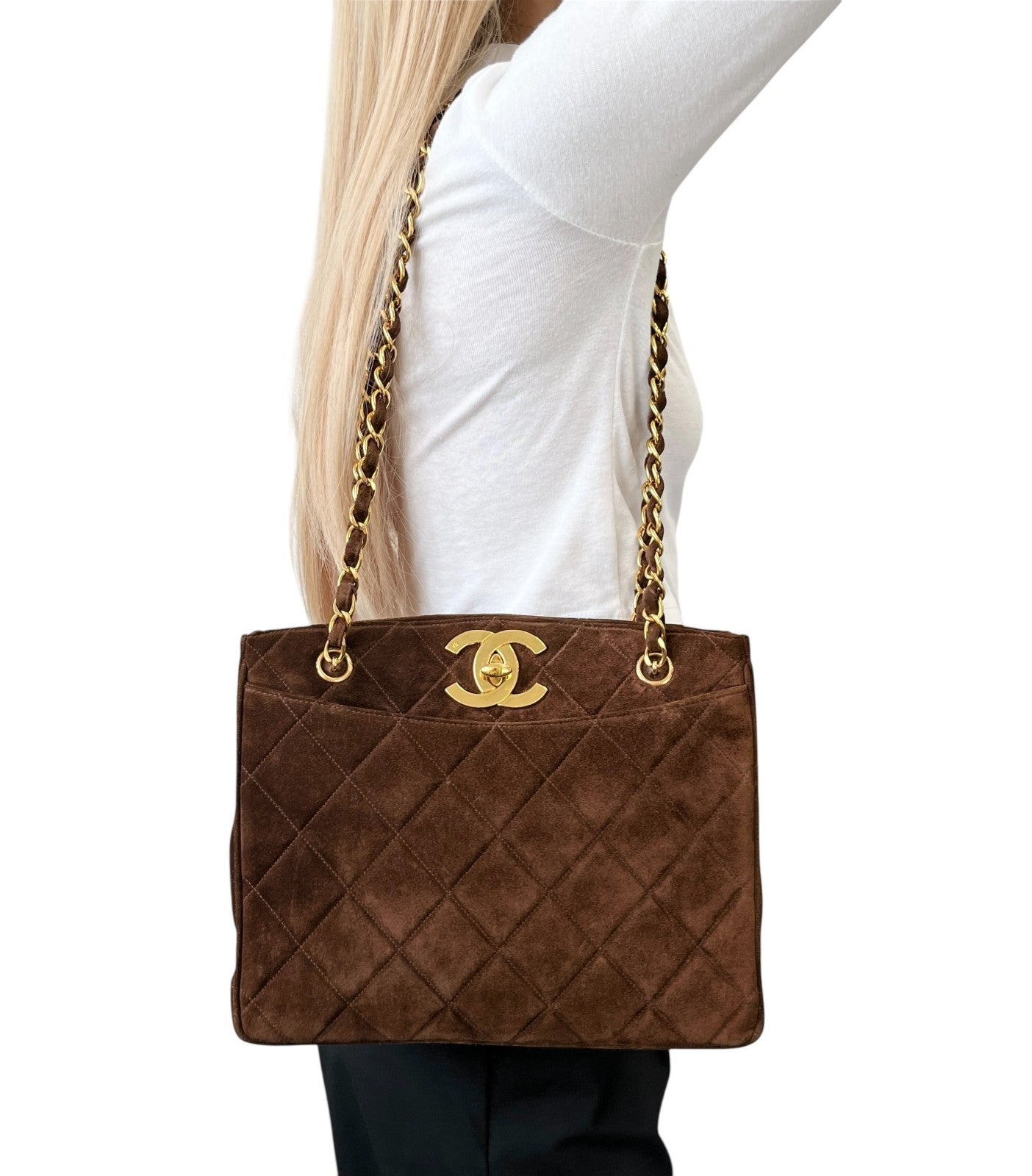 CHANEL Vintage CC Logo Matelasse Chain Shoulder Bag Turnlock Brown Gold Suede