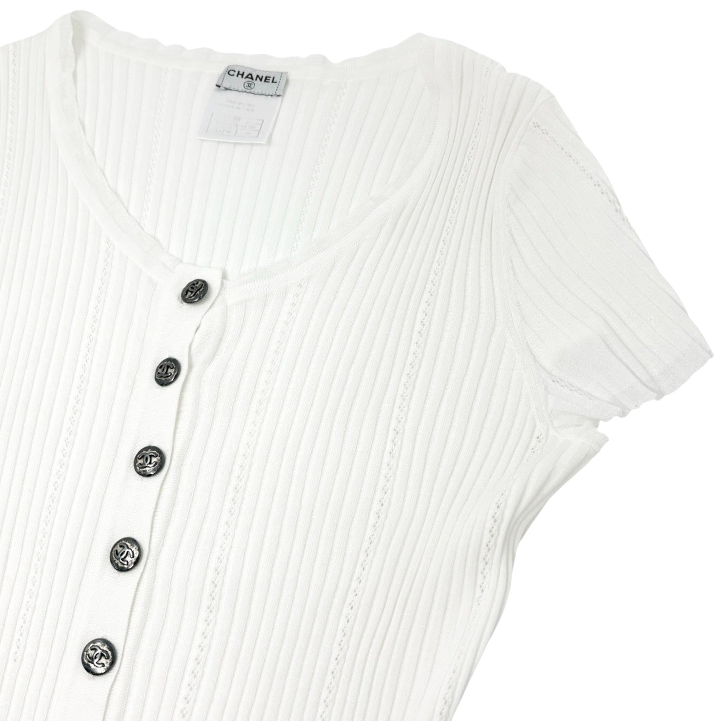 CHANEL Vintage 08P CC Mark Logo Rib Knit T-shirt Top #38 White Gray Cotton