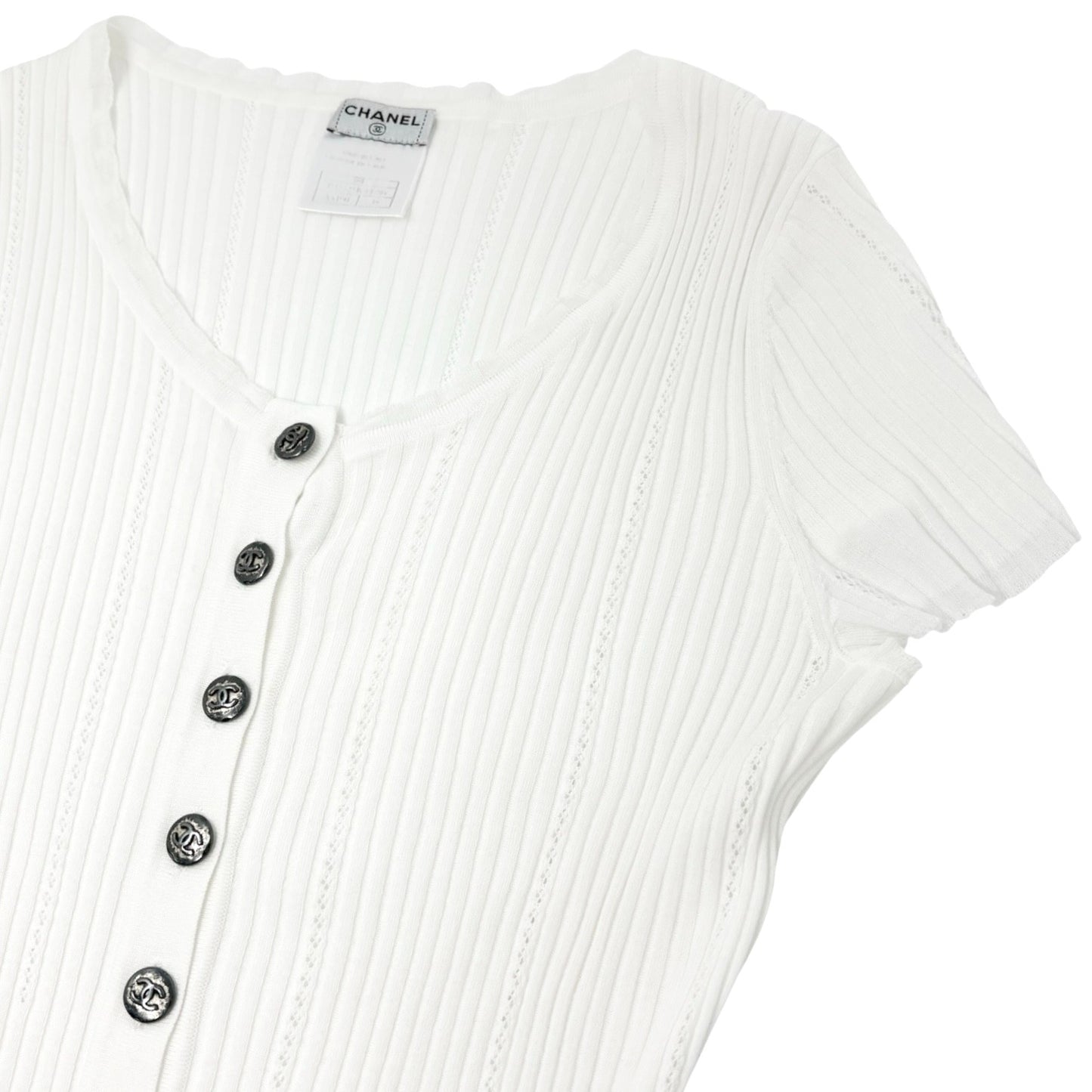 CHANEL Vintage 08P CC Mark Logo Rib Knit T-shirt Top #38 White Gray Cotton