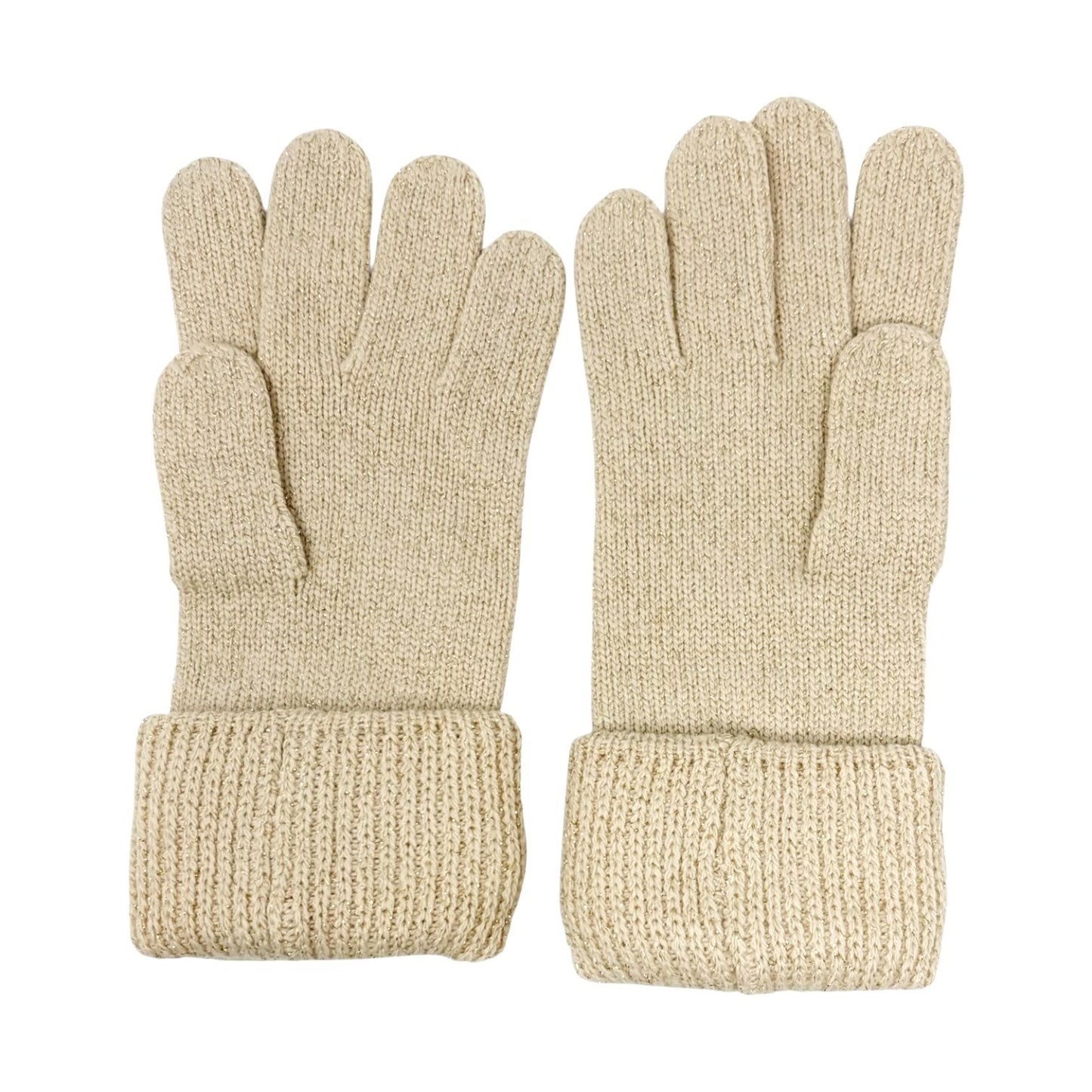HERMES Vintage H Logo Embroidery Cashmere Ribbed Knit Gloves Glitter Beige Gold