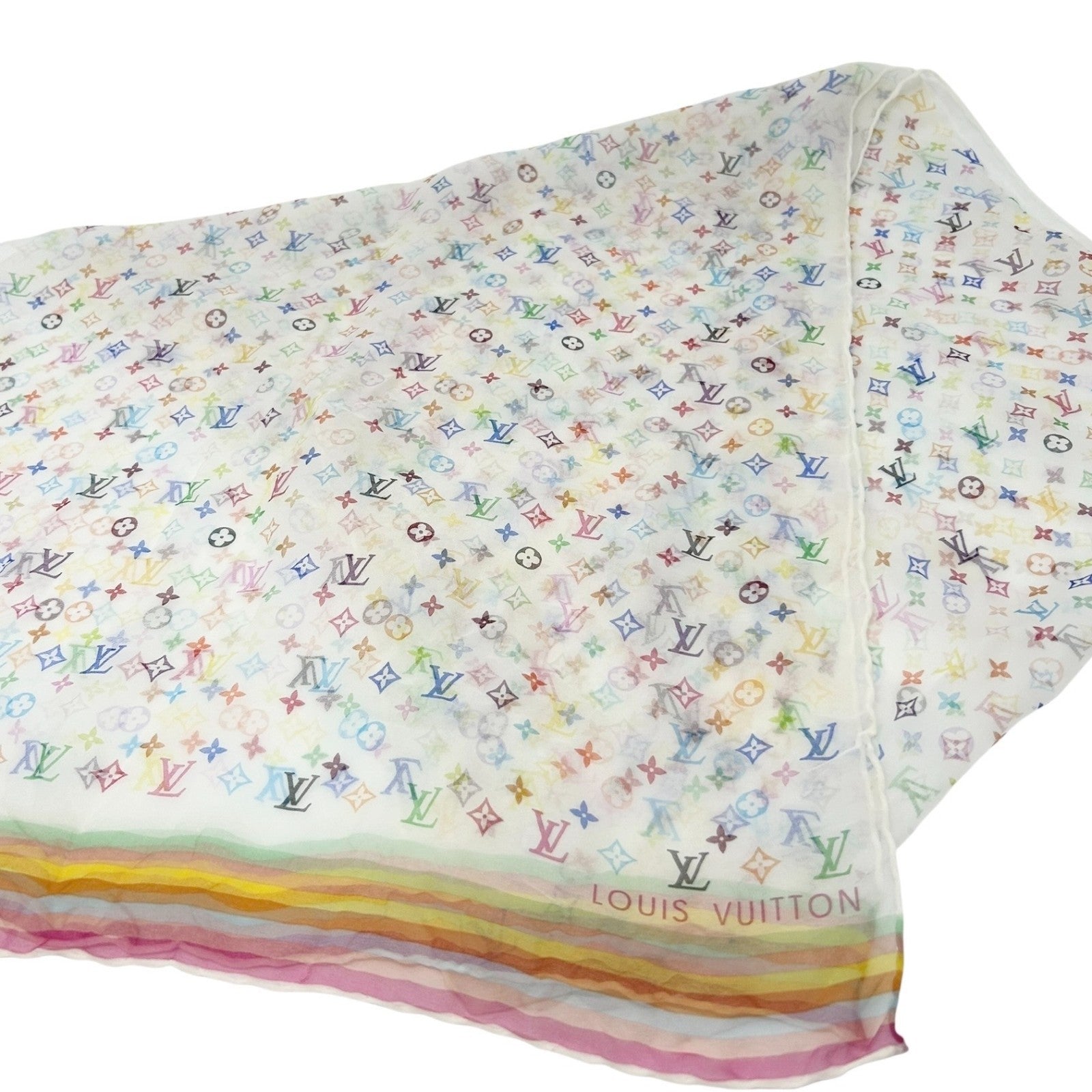 LOUIS VUITTON Vintage LV Logo Monogram Scarf Wrap Shawl Multicolor Silk