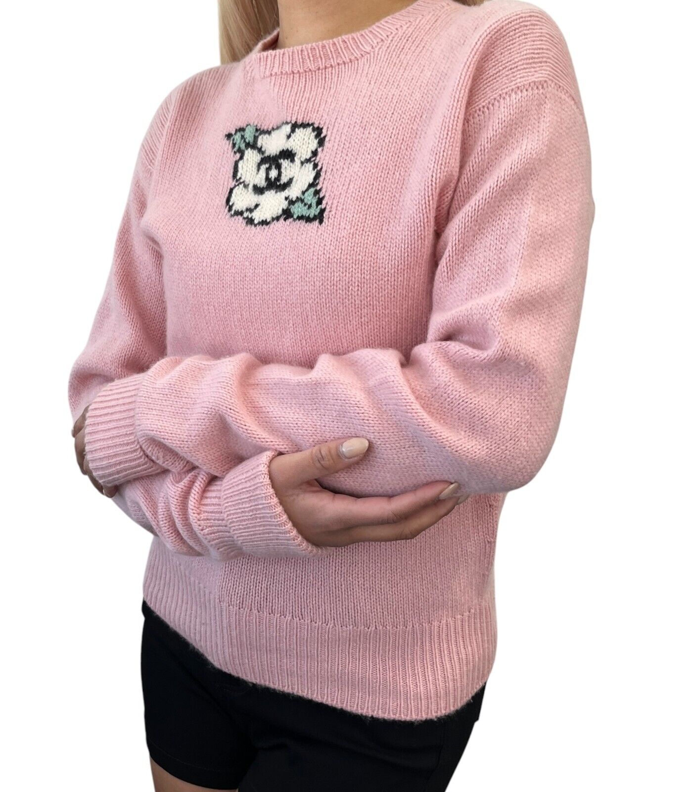 CHANEL Vintage 95A CC Logo Camellia Knit Sweater Top #42 Pink Cream Cashmere