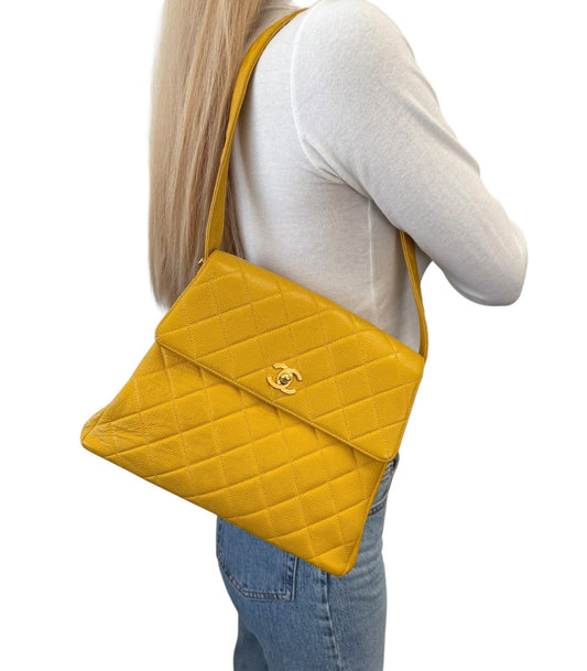 CHANEL Vintage CC Logo Turnlock Quilted Flap Shoulder Bag Yellow Gold Leather