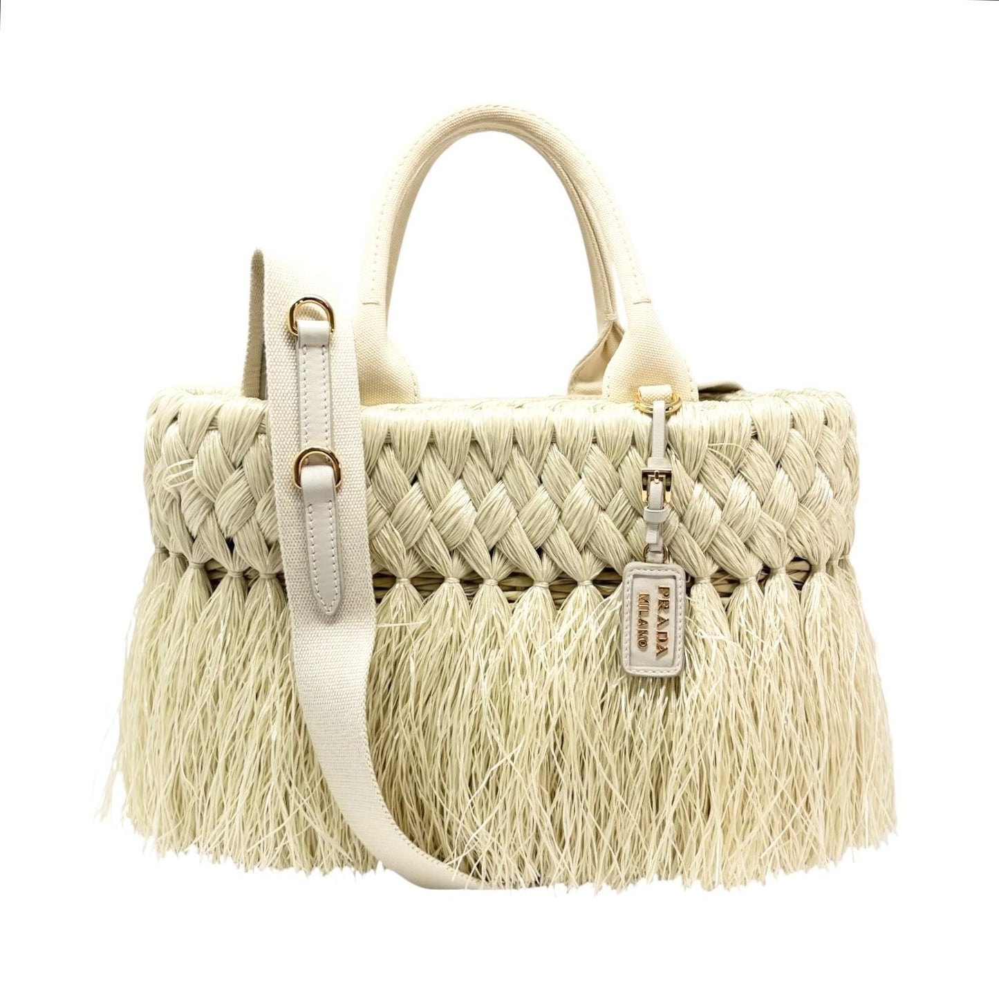 PRADA Vintage Fringe Raffia Straw Tote Crossbody Bag 2way Cream Gold 902091