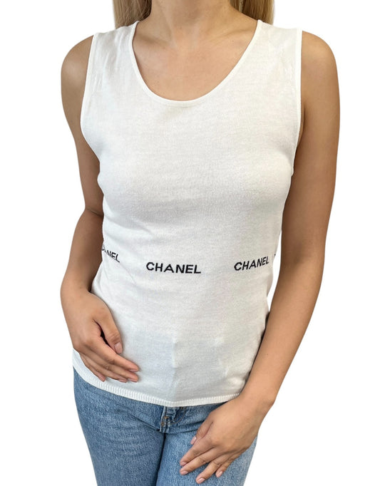 CHANEL Vintage 04P Logo Letter Knit Tank Top #38 White Black Cotton 902554