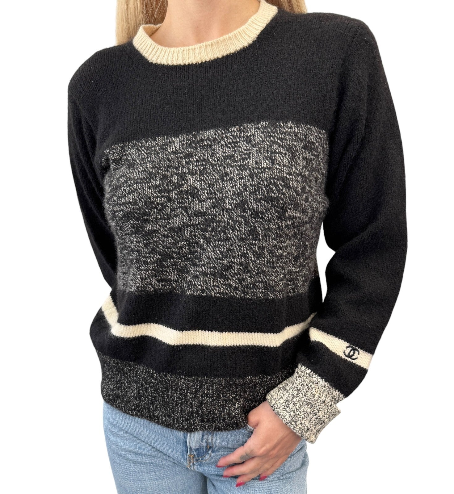 CHANEL Vintage 96A CC Logo Sweater #44 Knit Top Black Gray Cashmere Long Sleeve