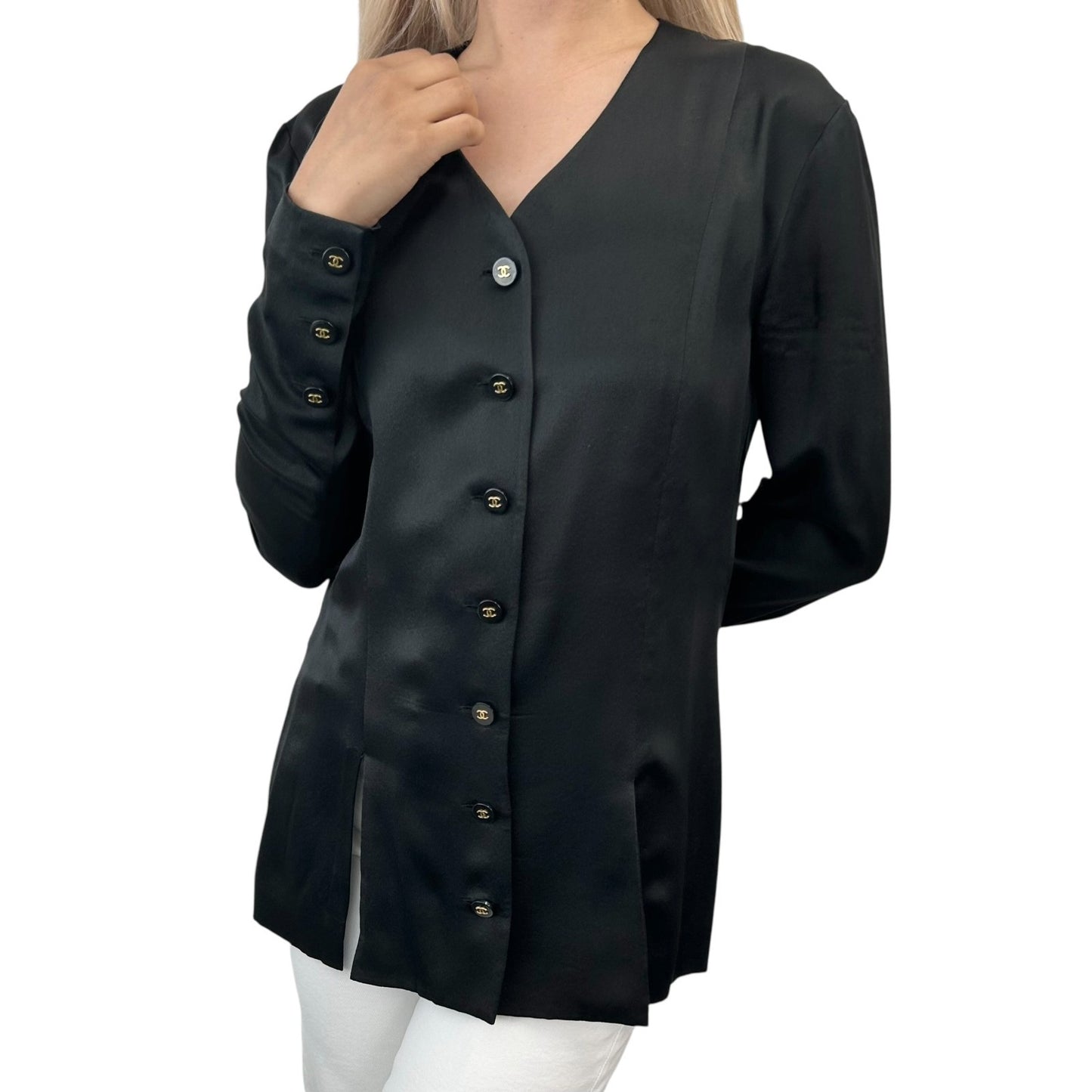 CHANEL Vintage 94A CC Logo Silk Shirt Top #38 Blouse Button V-neck Black Gold