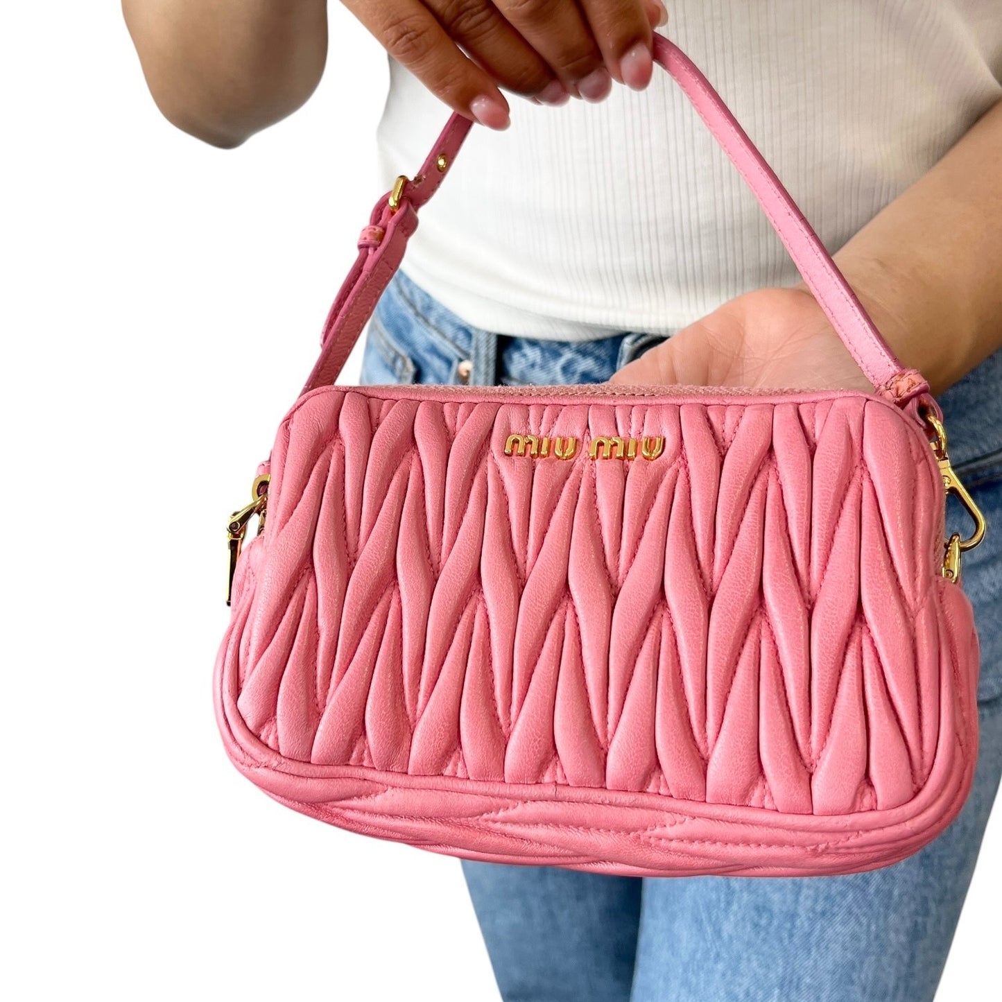 miu miu Vintage Logo Matelasse Leather Mini Double Zip Bag Pink Gold 902277