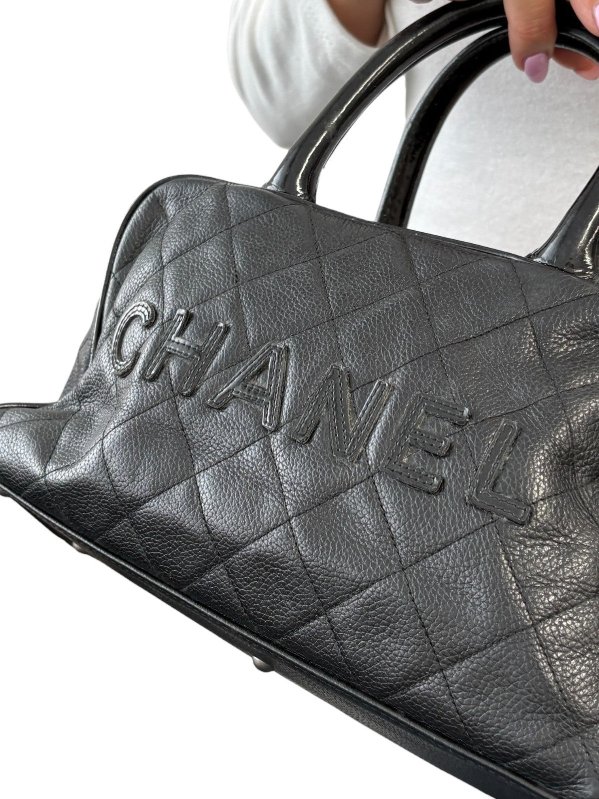 CHANEL Vintage CC Big Logo Quilted Leather Mini Bowling Boston Bag Black Silver