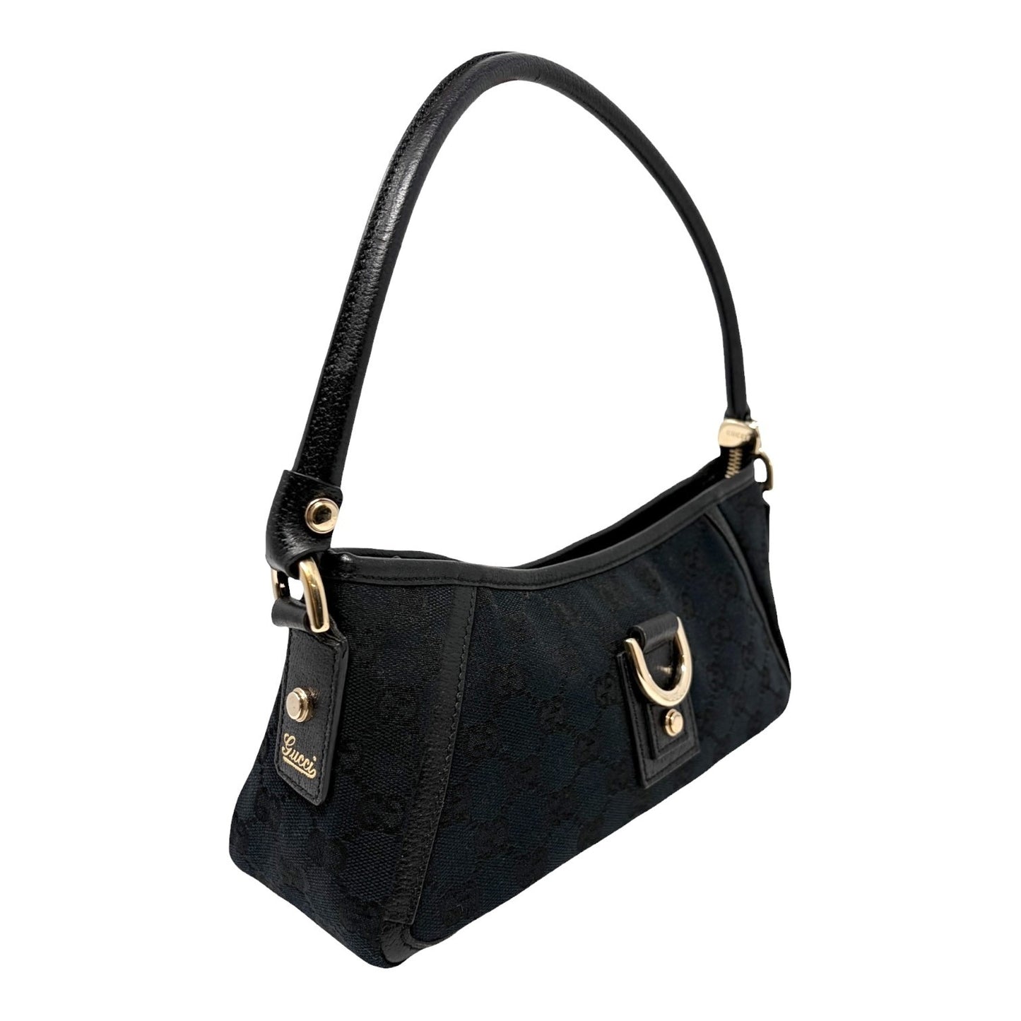 GUCCI Vintage GG Monogram Logo Abbey Shoulder Bag Zip Black Gold Canvas Leather