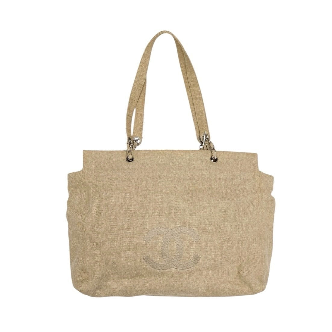 CHANEL Vintage CC Big Logo Shoulder Tote Large Bag Beige Canvas Linen Leather