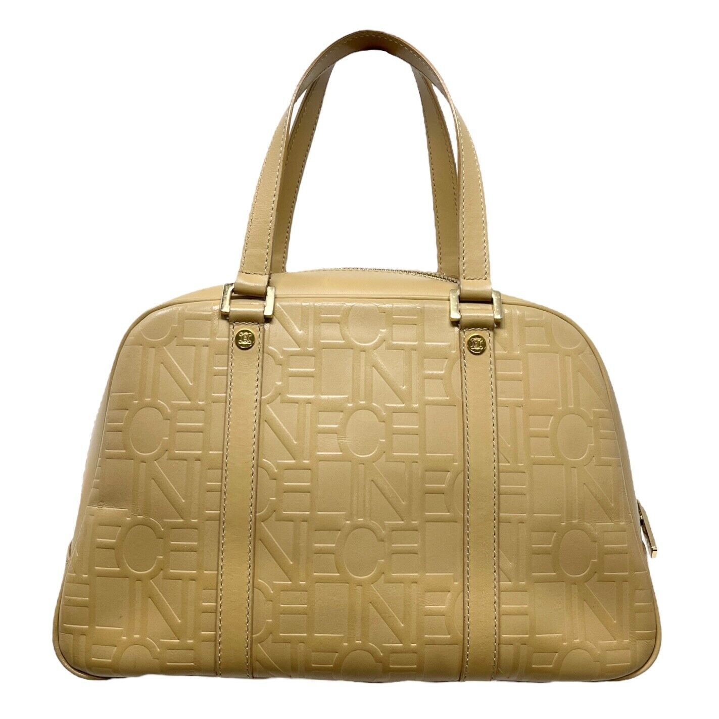 CELINE Vintage Monogram Logo Handbag Zip Beige Gold Leather Rank AB