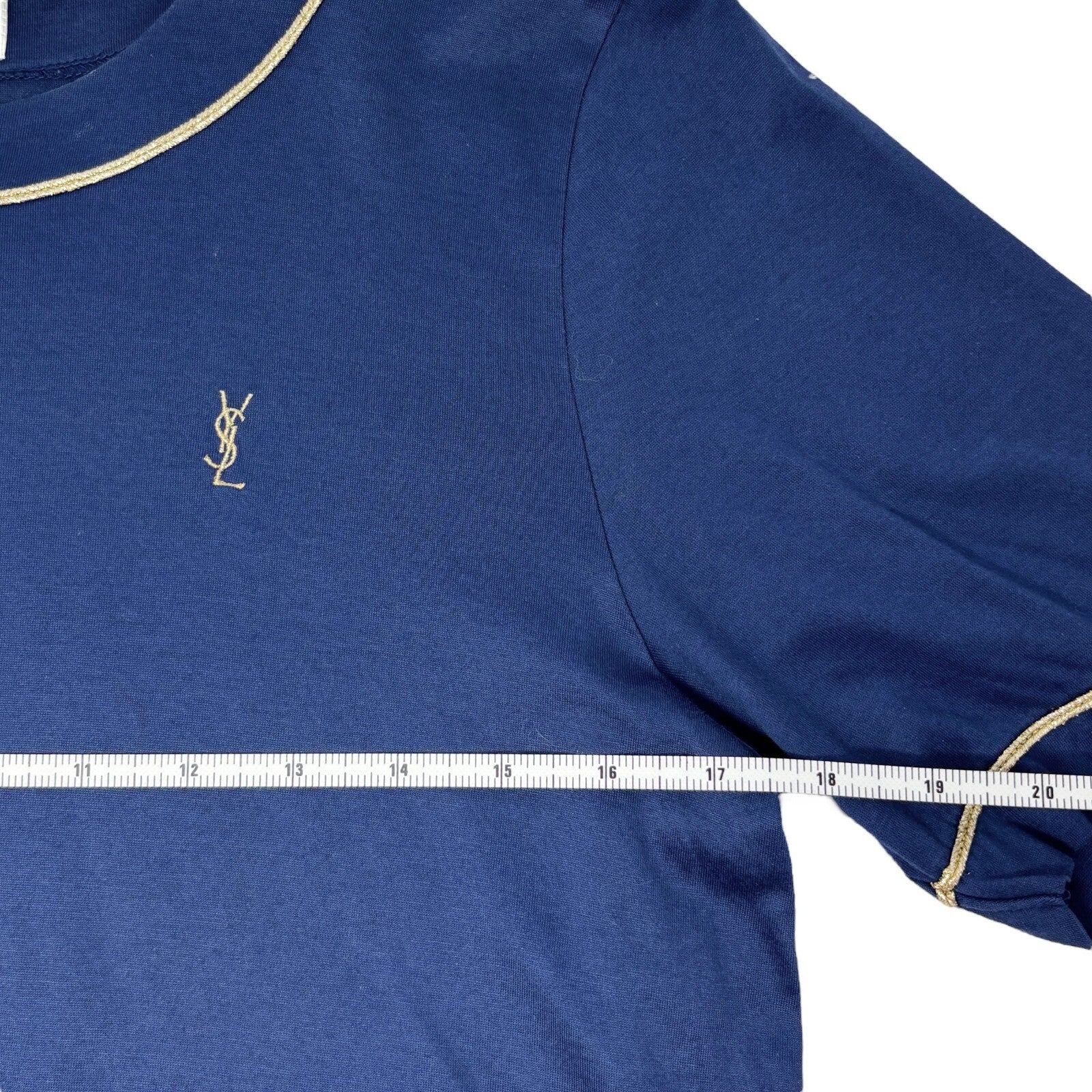Yves Saint Laurent Vintage YSL Logo Top #M Pullover Dark Blue Gold Glitter