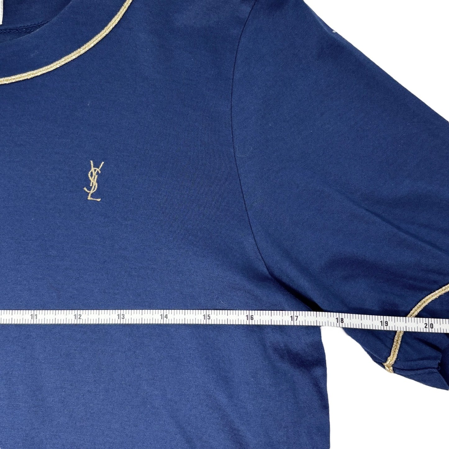 Yves Saint Laurent Vintage YSL Logo Top #M Pullover Dark Blue Gold Glitter
