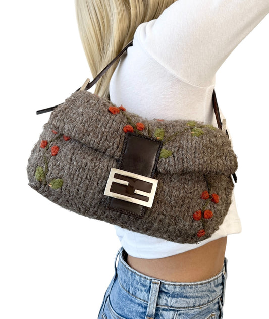FENDI Vintage FF Mamma Baguette Wool Knit Shoulder Bag Gray Brown Flower