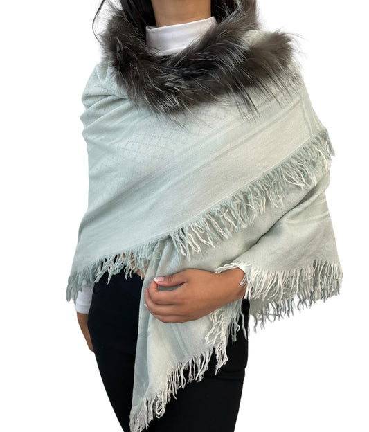 GUCCI Vintage GG Logo Monogram Fox Fur Scarf Shawl Wrap Mint Green 902473