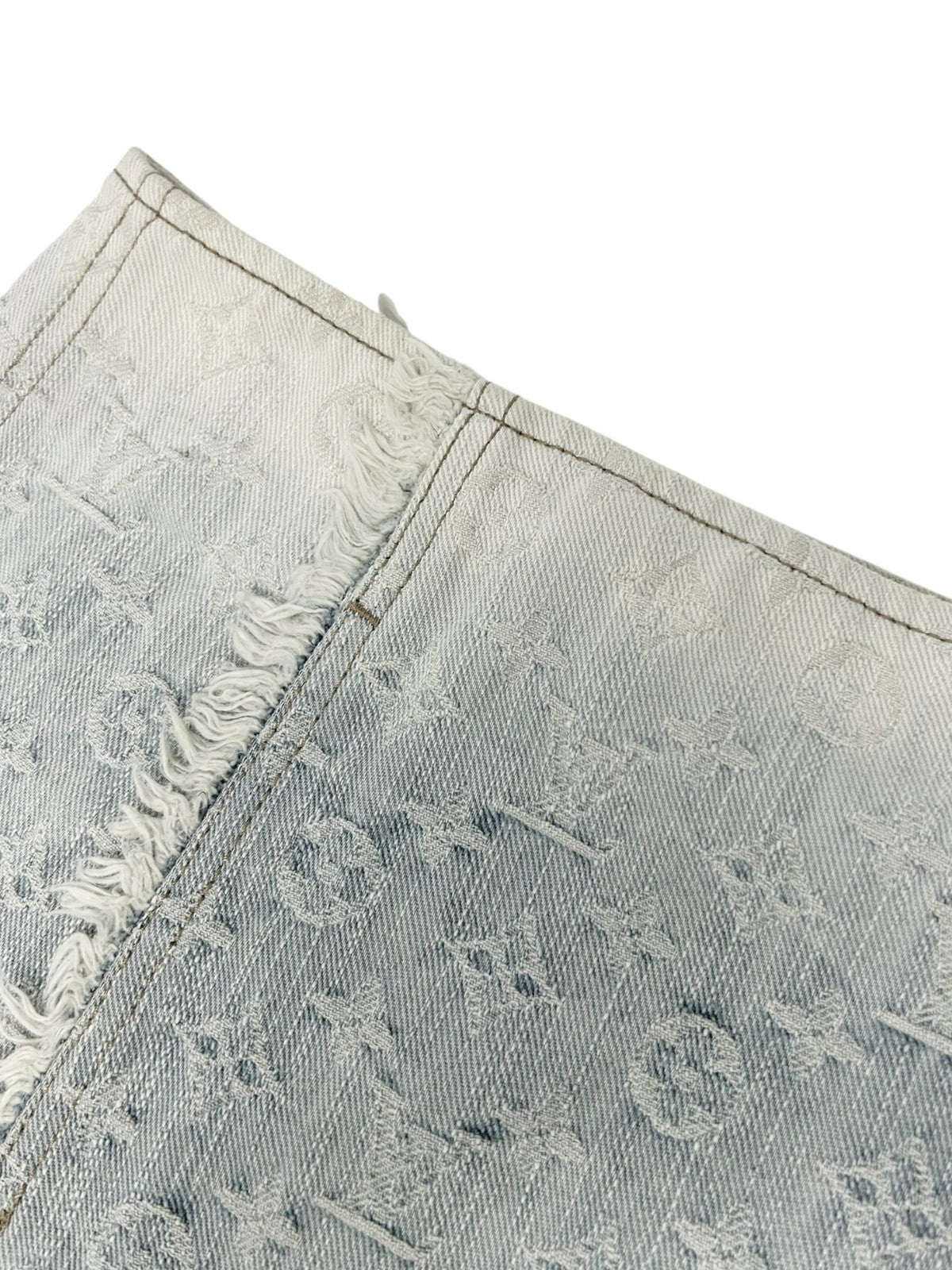 LOUIS VUITTON Vintage LV Monogram Denim Gradation Mini Skirt Fringe Blue Cotton
