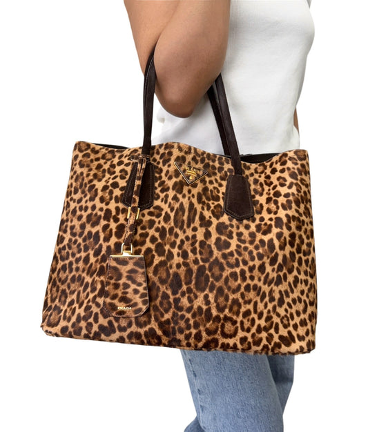 PRADA Vintage Triangle Logo Leopard Tote Bag Brown Black Pony Calf Hair 902452