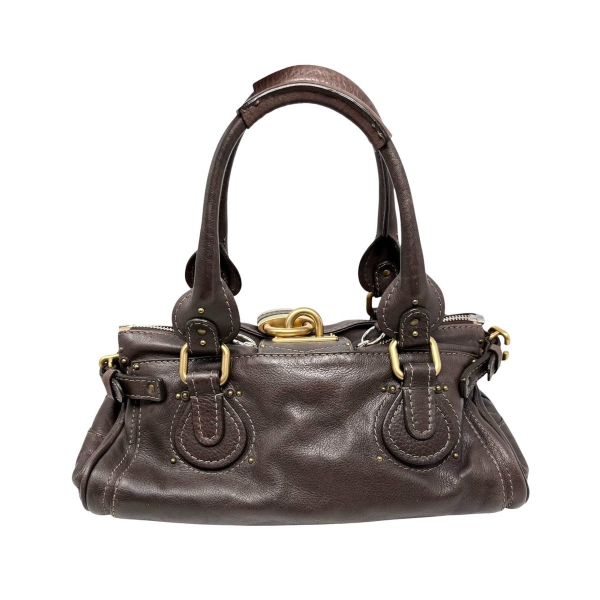 Chloe Vintage Paddington Padlock Key Boston Bag Leather Brown Gold 902317