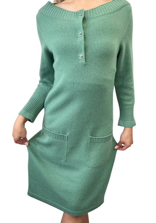 CHANEL Vintage P44445 CC Logo Turnlock Cashmere Knit Sweater Dress #38 Green