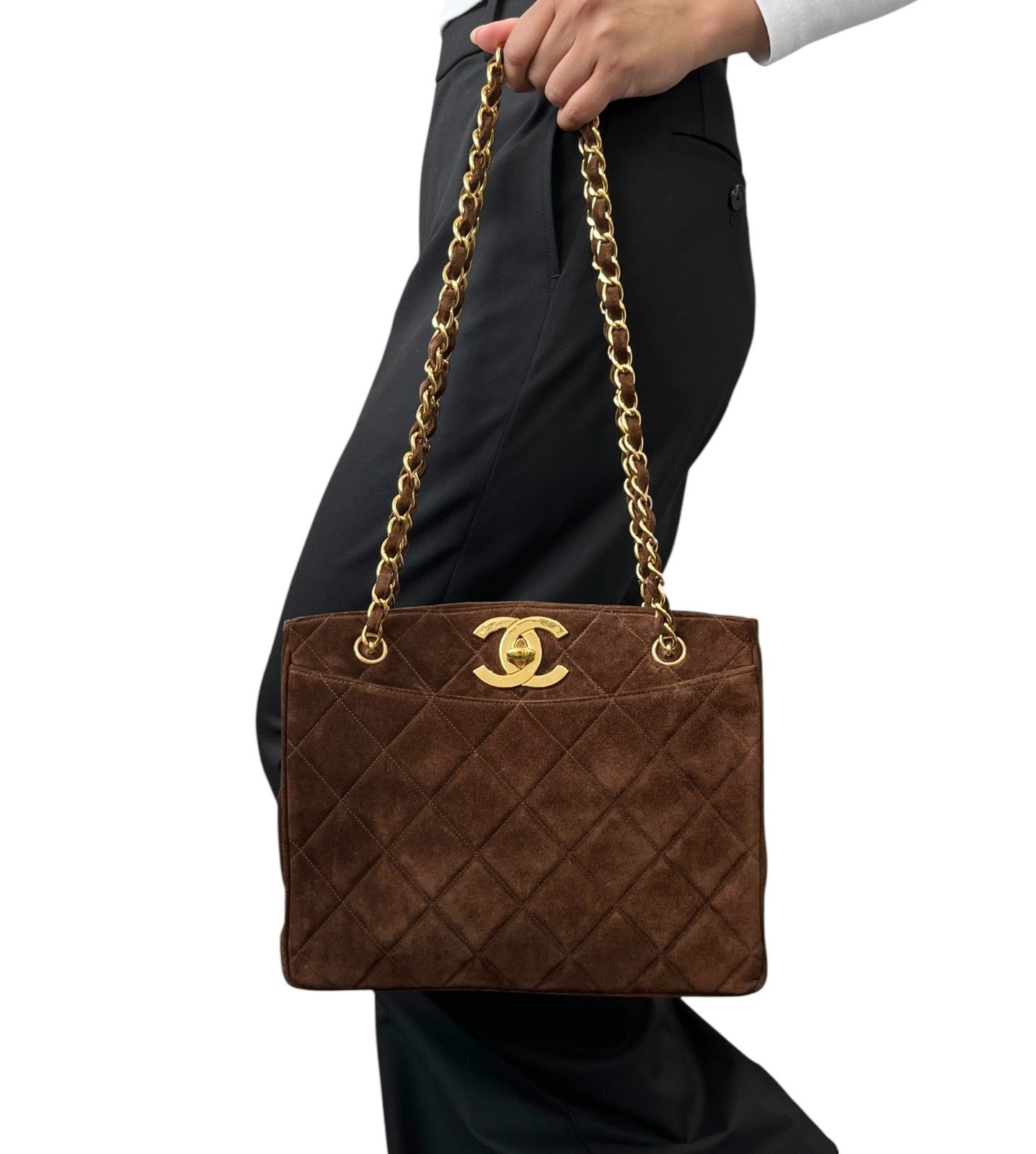 CHANEL Vintage CC Logo Matelasse Chain Shoulder Bag Turnlock Brown Gold Suede