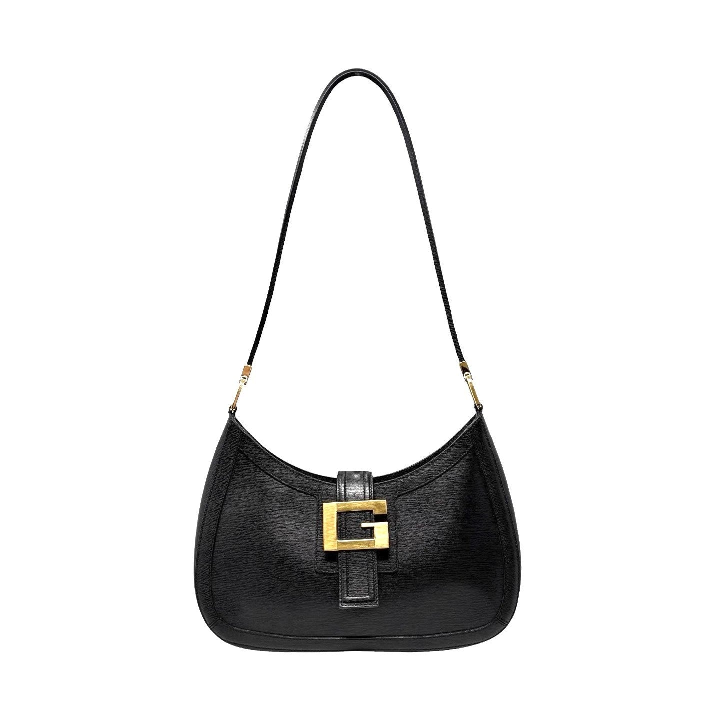 GUCCI Vintage G Square Logo Shoulder Bag Black Gold Leather Magnet 902249