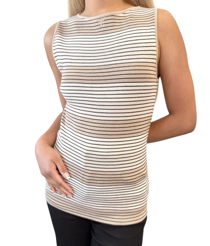 CHANEL Vintage 98P CC Logo Knit Tank Top #40 Stripe Brown Beige Cotton