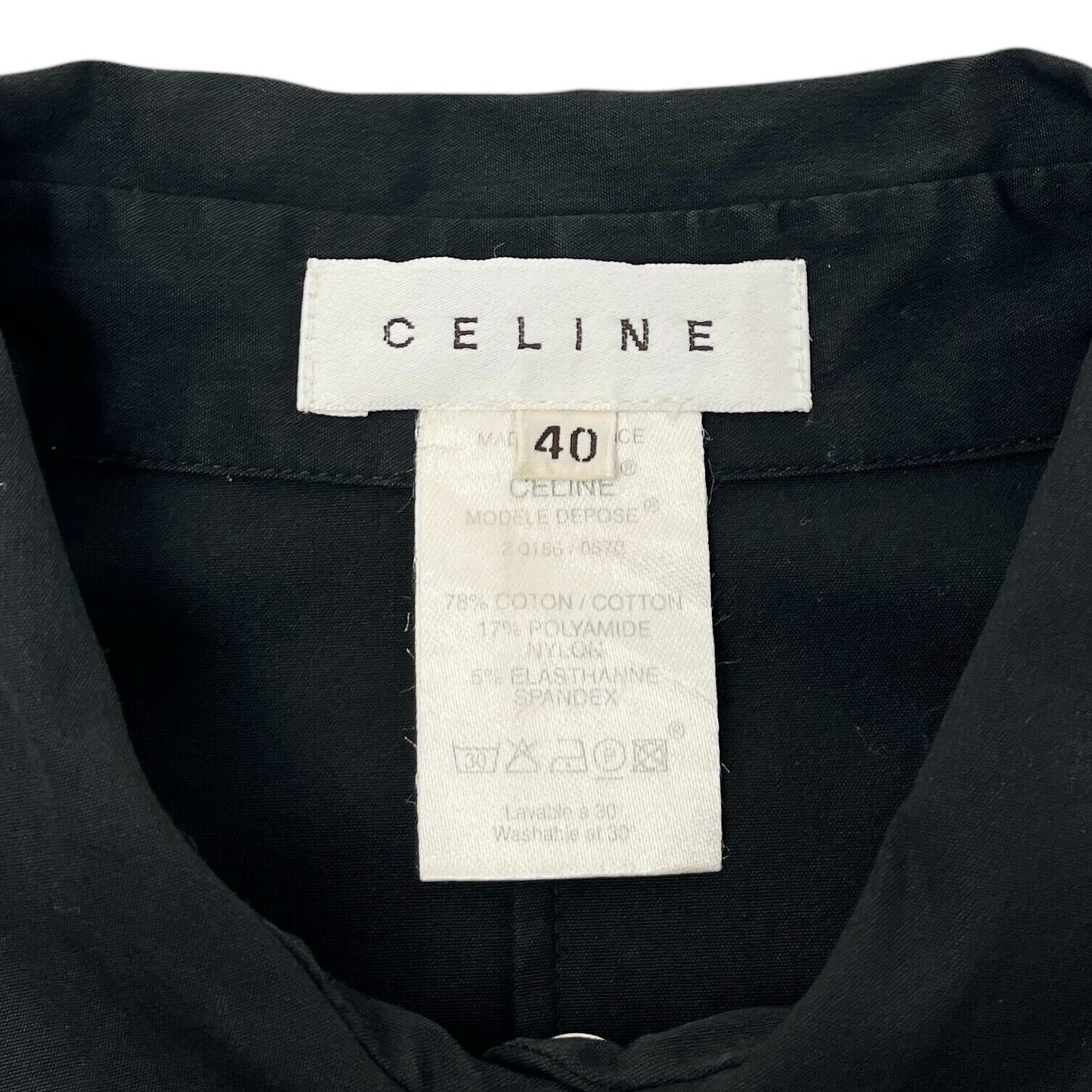 CELINE Vintage Logo Button Up Shirt #40 Blouse Top Black Silver Cotton