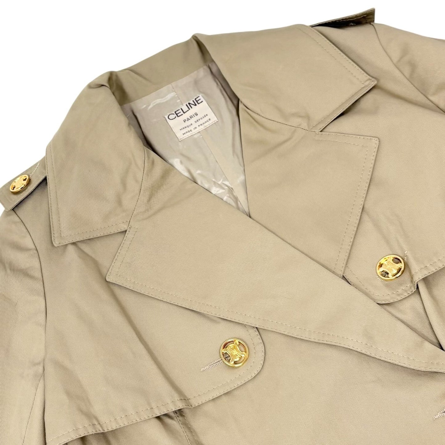 CELINE Vintage Macadam Logo Button Trench Coat Long Jacket #40 Beige Gold Cotton
