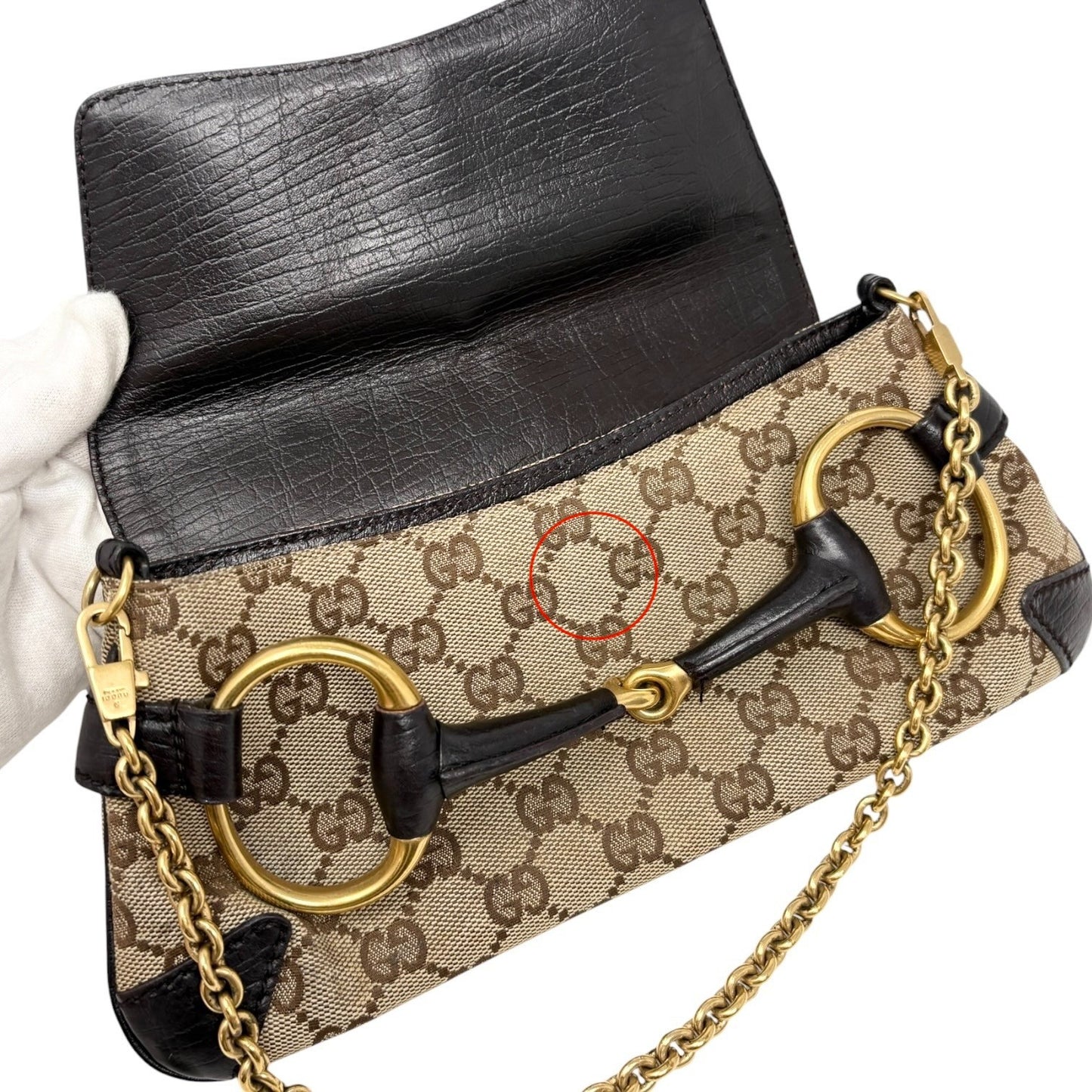 GUCCI Vintage GG Monogram Logo Horsebit Shoulder Bag Brown Gold Canvas 901880