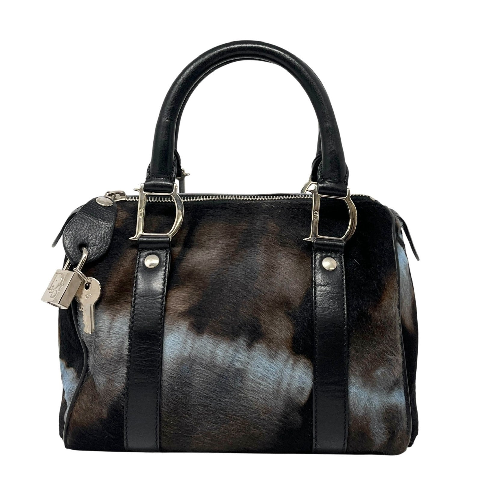 Christian Dior Vintage Mini Bowler Bag Padlock Tie Dye Calf Hair Black Blue