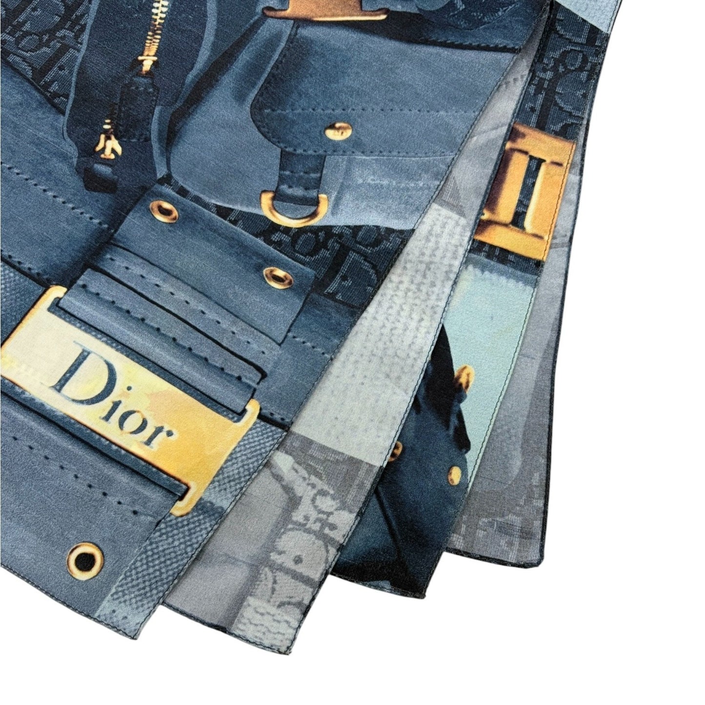 Christian Dior Vintage Trotter Monogram Logo Silk Wrap Scarf Blue Gold 902227