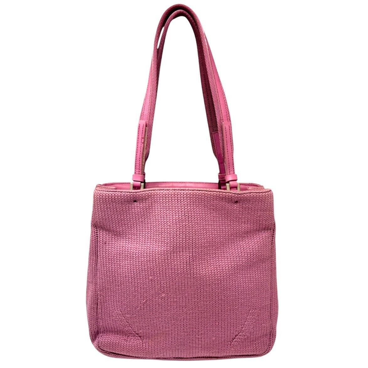 PRADA Vintage Logo Knit Tote Bag Shoulder Bag Pink Silver Wool Leather