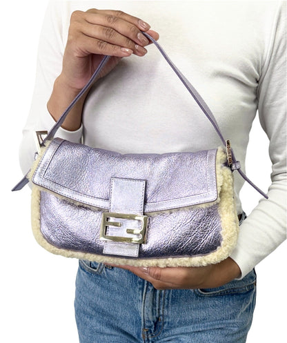 FENDI Vintage Mamma Baguette Metallic Shearling Shoulder Bag Purple 902830