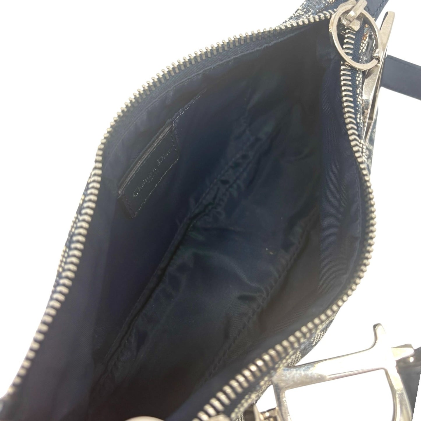 Christian Dior Vintage CD Logo Trotter Monogram Shoulder Bag Dark Blue Silver