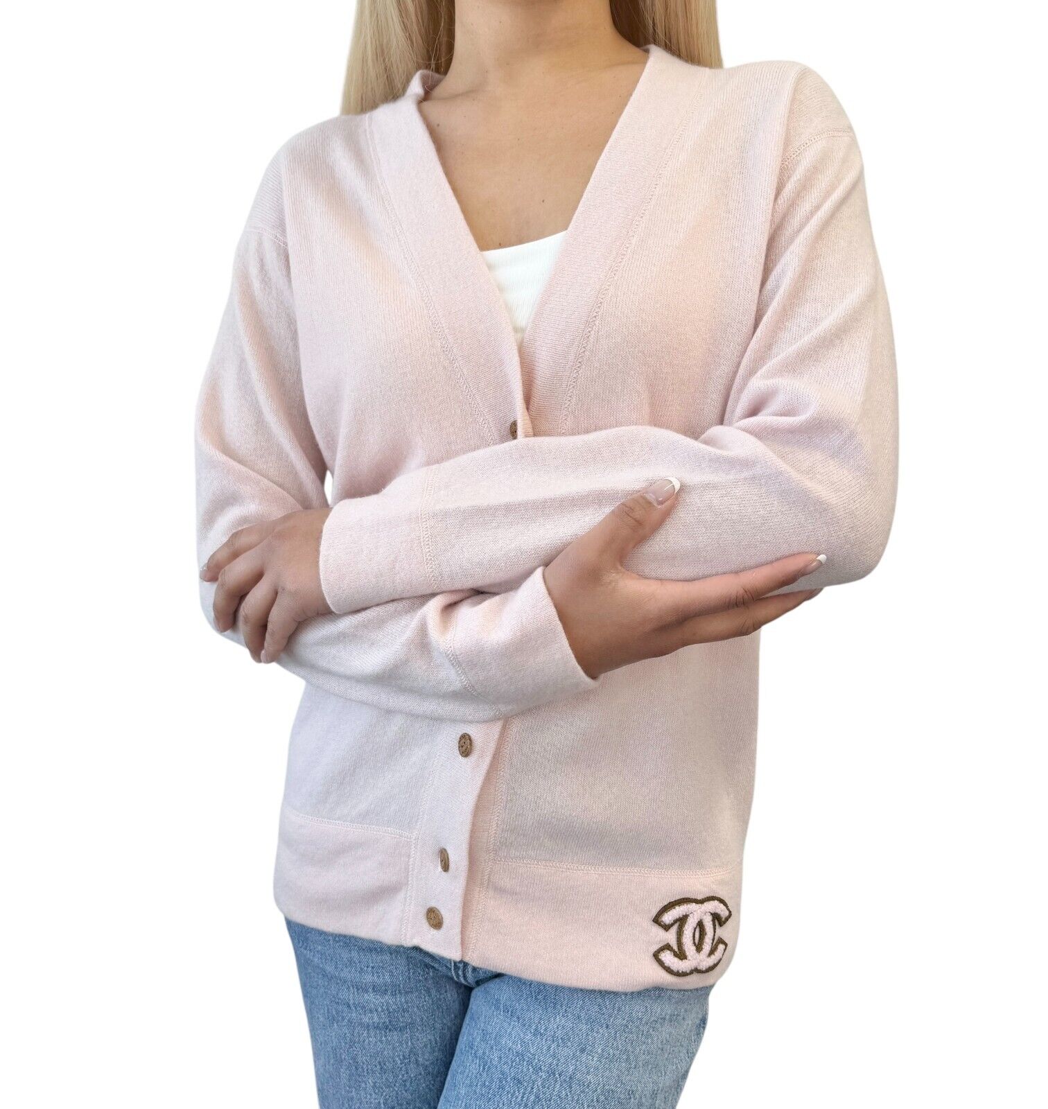 CHANEL Vintage 01A CC Mark Logo Knit Cardigan #42 Pink Brown Cashmere Stitch