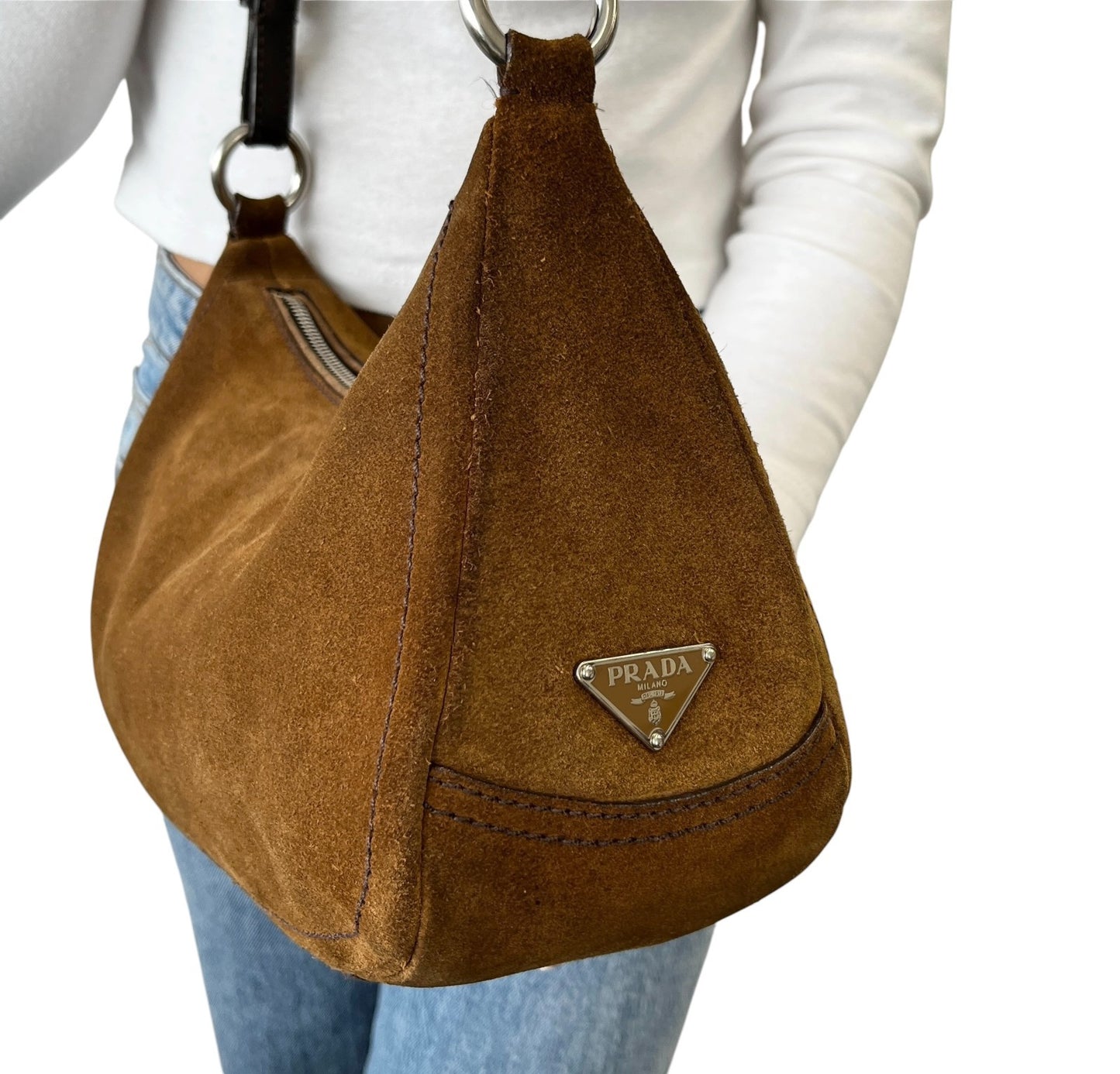 PRADA Triangle Logo Shoulder Hobo Suede Bag Brown Silver Leather Zip 902299