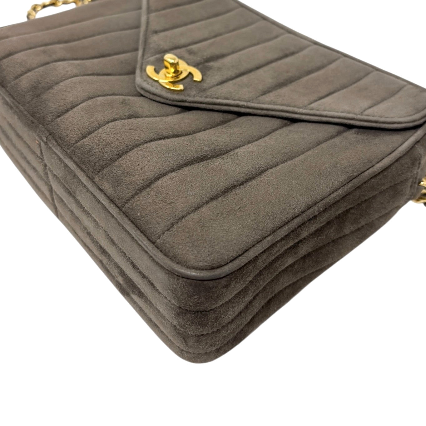 CHANEL Vintage CC Logo Quilted Fringe Chain Shoulder Bag Khaki Gold Suede
