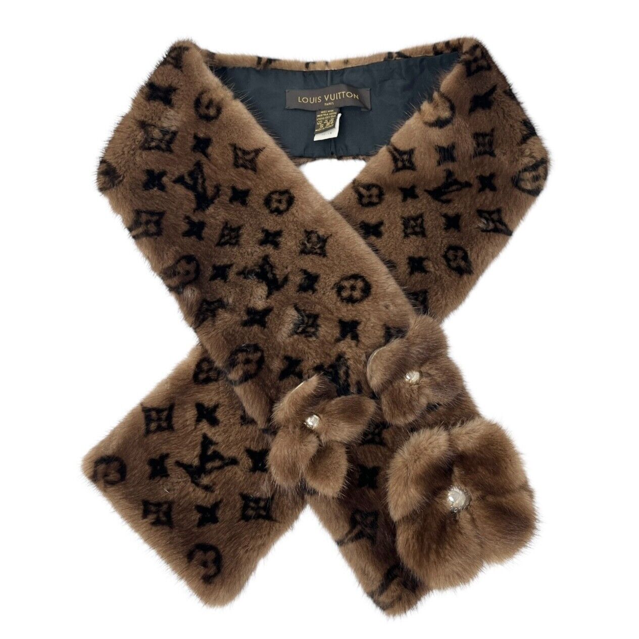 LOUIS VUITTON Vintage LV Logo Monogram Flower Scarf Shawl Brown Mink Fur RankAB