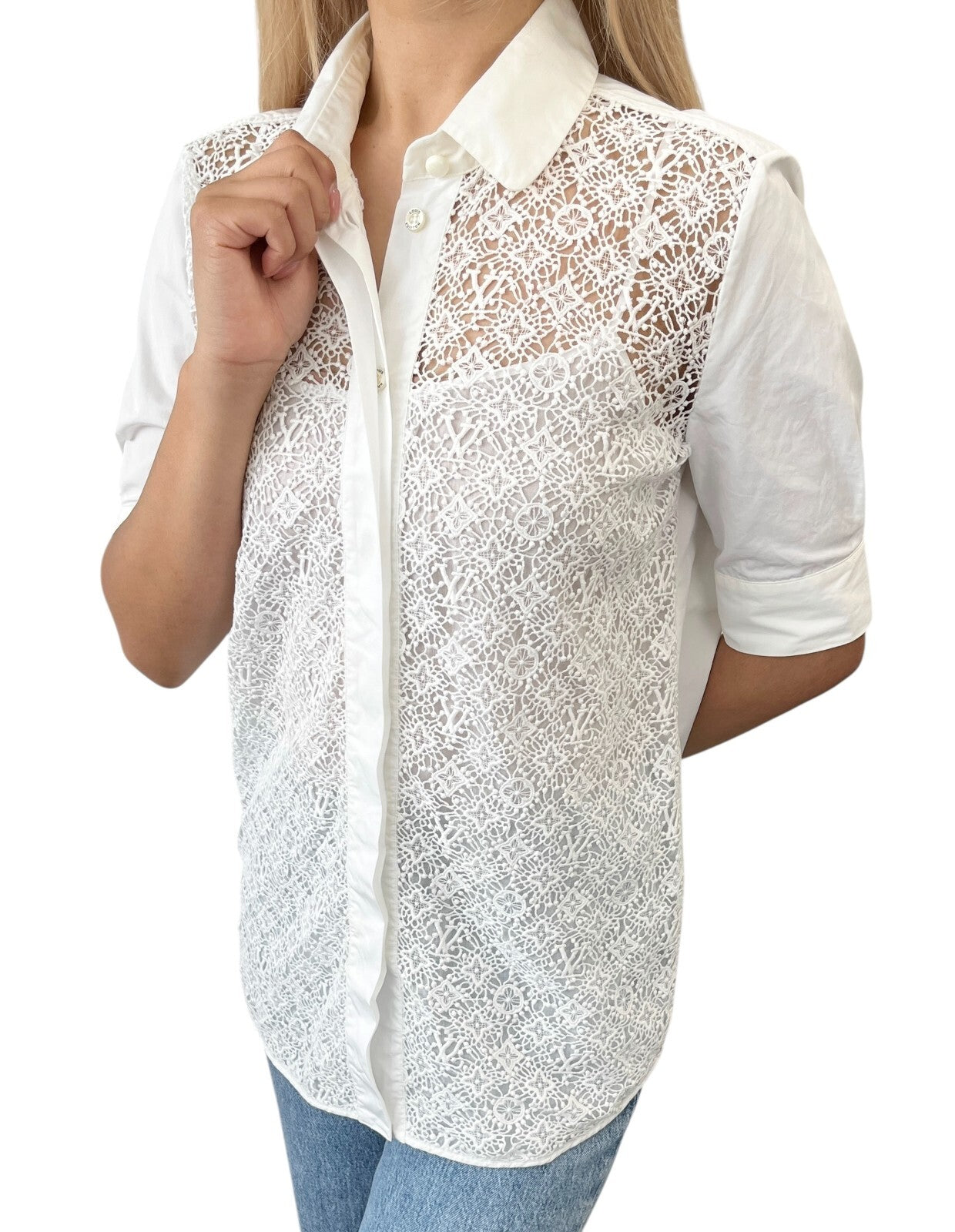 LOUIS VUITTON Vintage Monogram Logo Shirt Top #34 Button Up Lace Short Sleeve