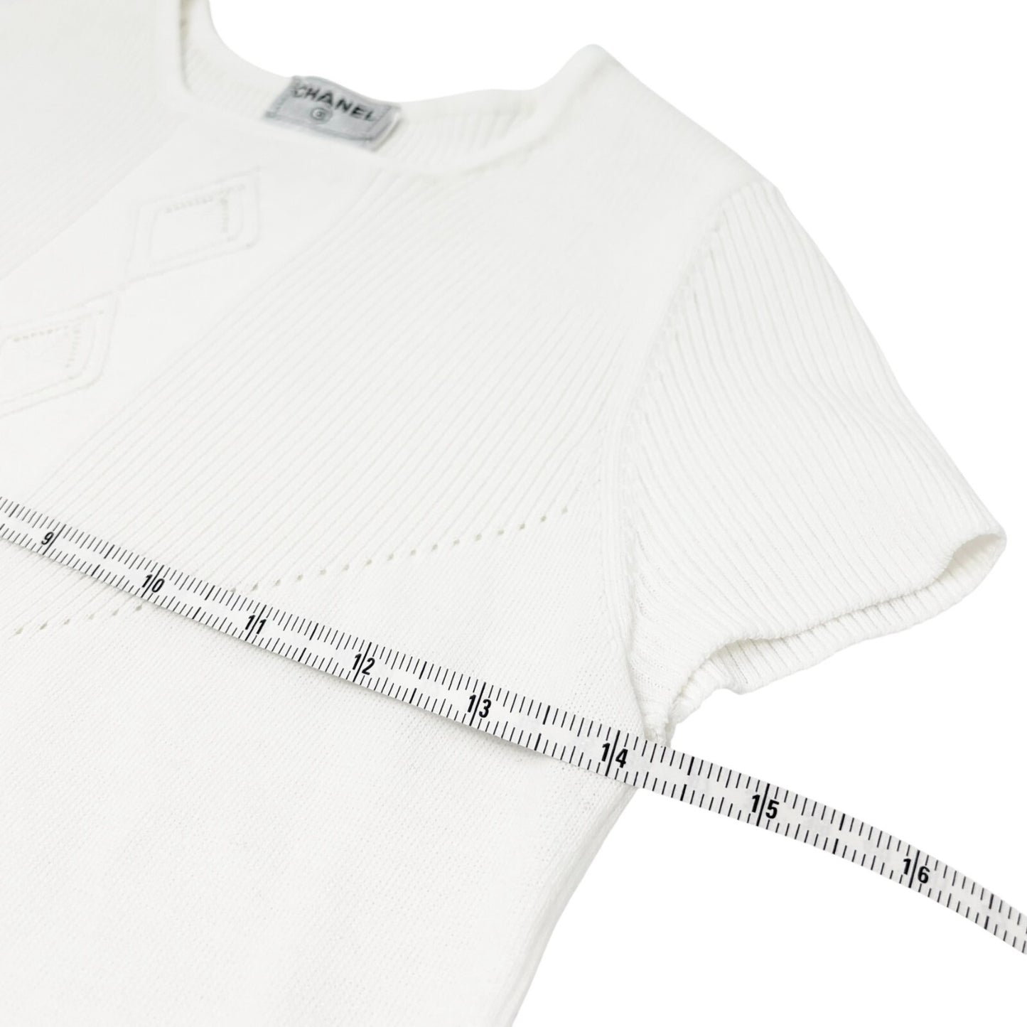 CHANEL Vintage 05P CC Logo Ribbed Knit Top #34 Short Sleeve White Cotton
