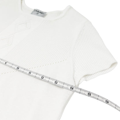CHANEL Vintage 05P CC Logo Ribbed Knit Top #34 Short Sleeve White Cotton