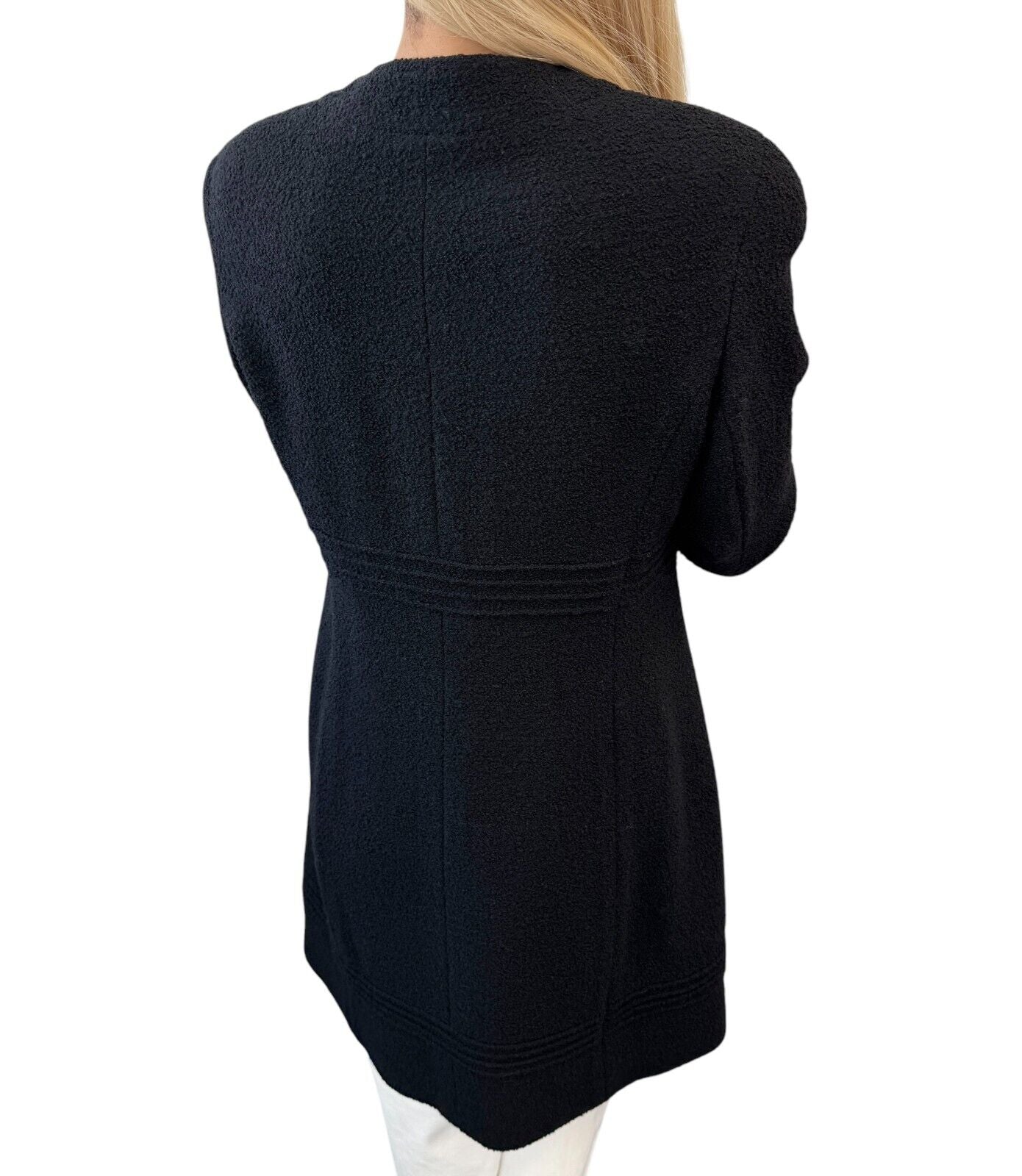 CHANEL Vintage CC Logo Long Tweed Jacket #M Coat Black Gold Wool Silk Button