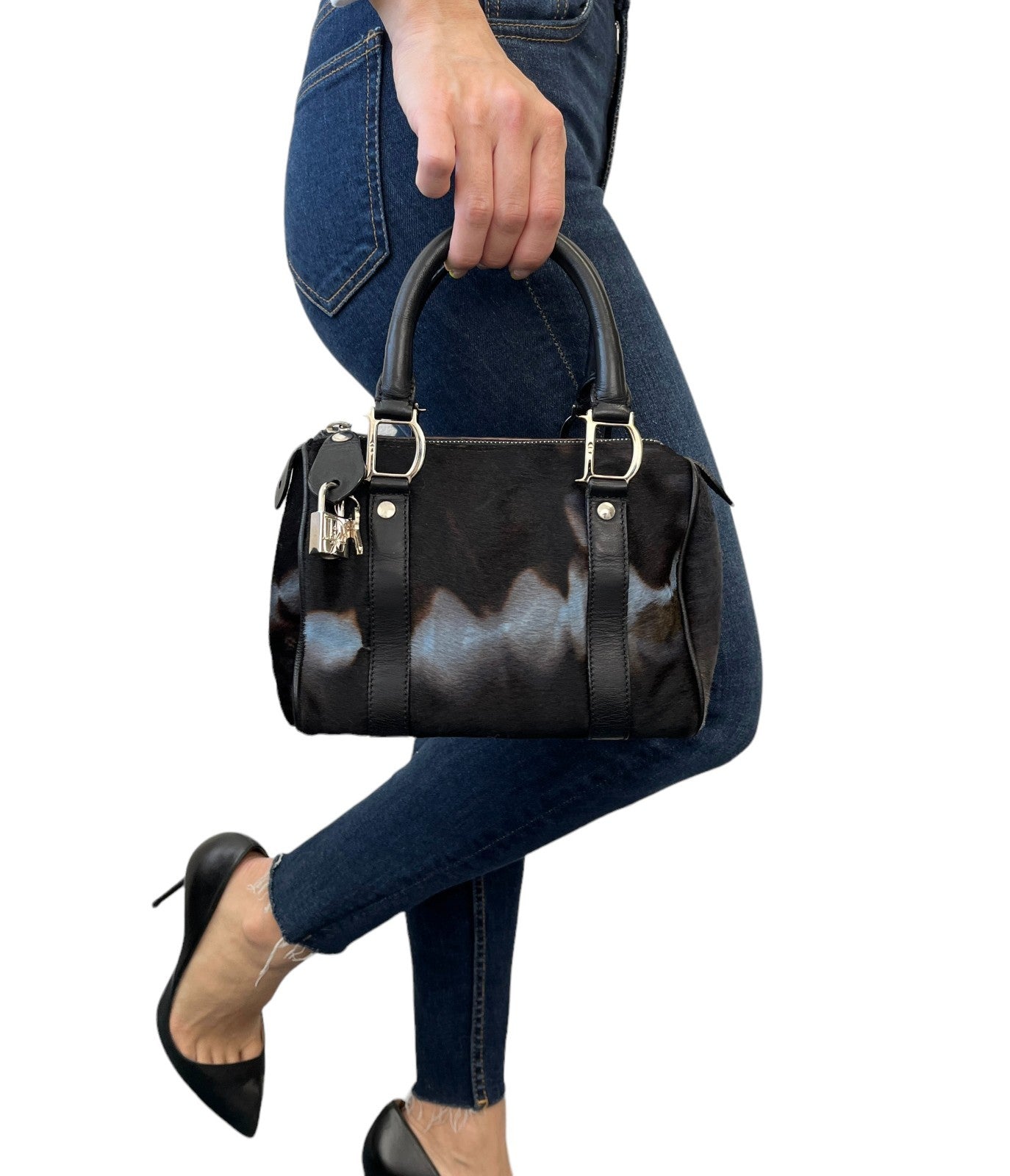 Christian Dior Vintage Mini Bowler Bag Padlock Tie Dye Calf Hair Black Blue