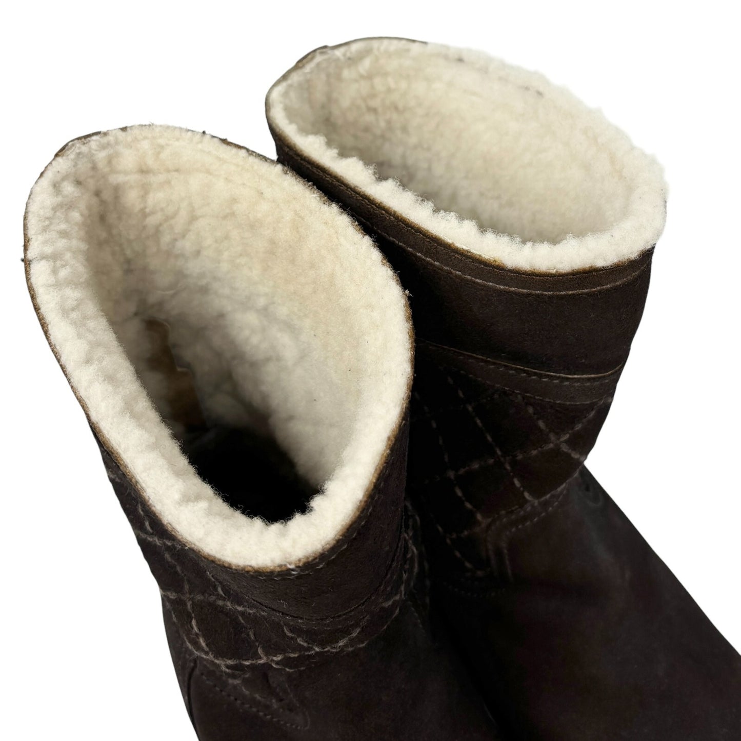 CHANEL Vintage CC Mark Logo Mid Calf Boots #39.5 Stitch Dark Brown Cream Suede
