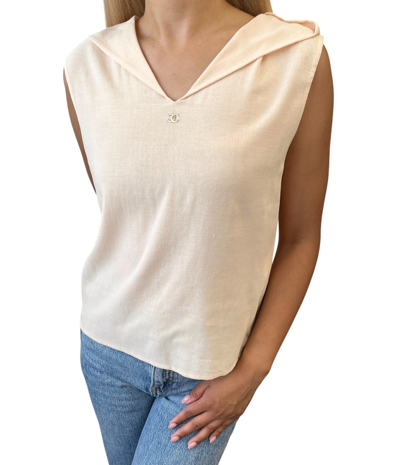 CHANEL Vintage 99P CC Sailor Collar Sleeveless Tank Top Blouse #40 Pink Cotton