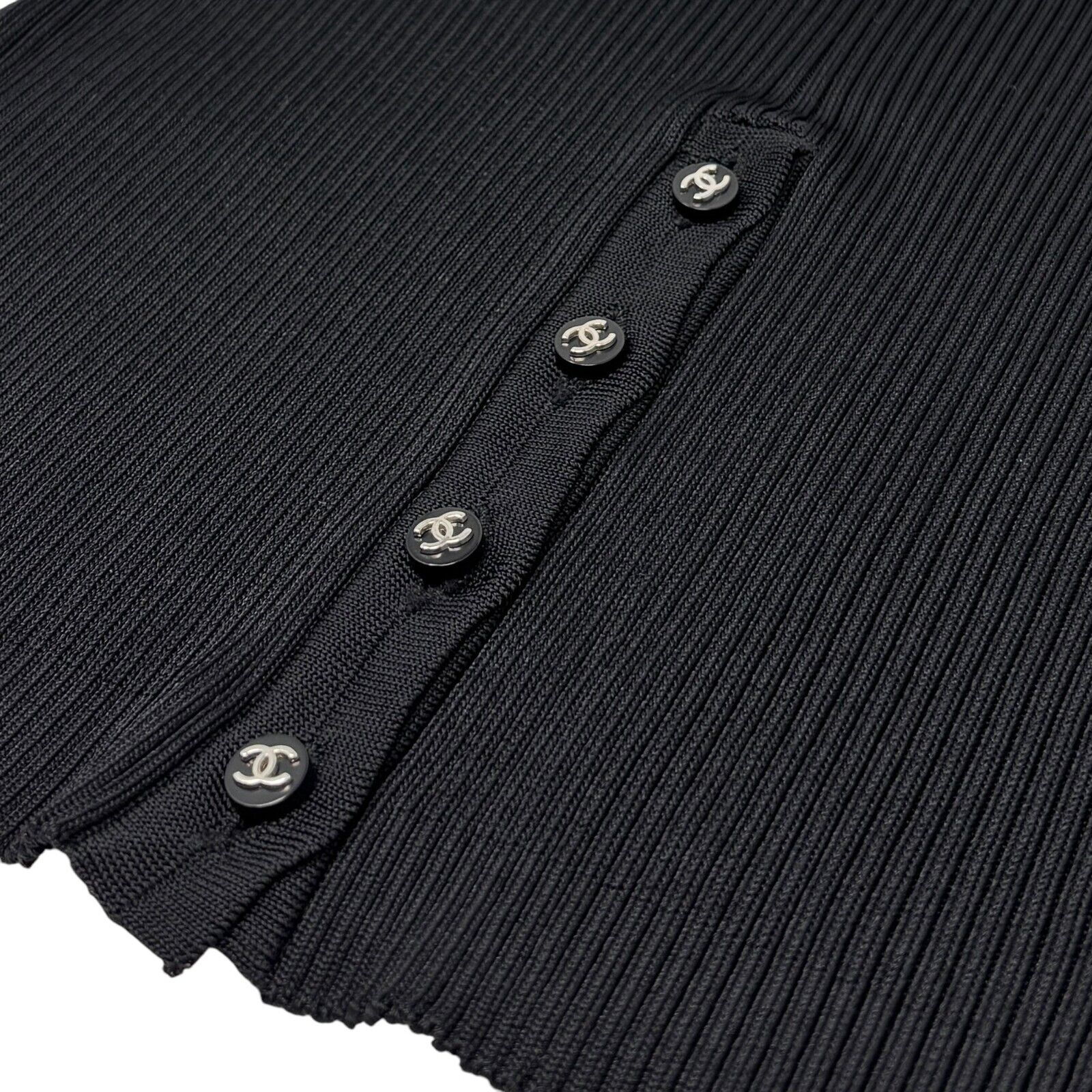 CHANEL Vintage 97P CC Logo Ribbed Long Dress #40 Sleeveless Black Rayon Button